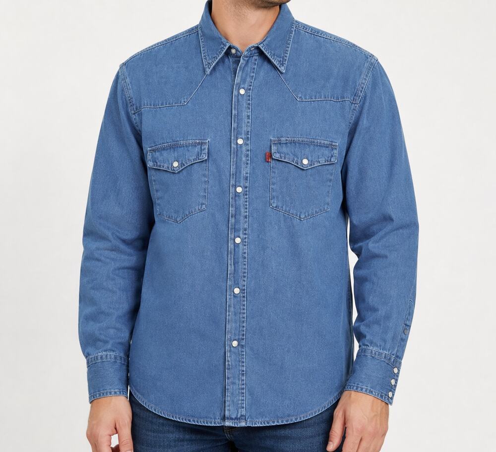 Real Ranch Shirt Mens XL Blue Western Pearl Snap Denim Cotton Pockets Classic